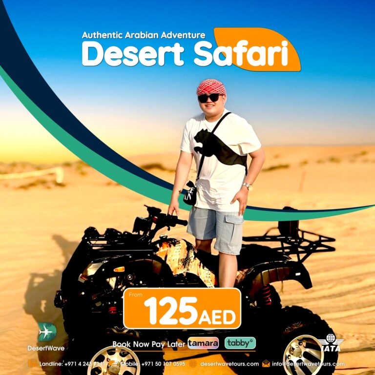 Tourist enjoying quad bike ride during Dubai desert safari by DesertWave Tours – starts from 125 AED